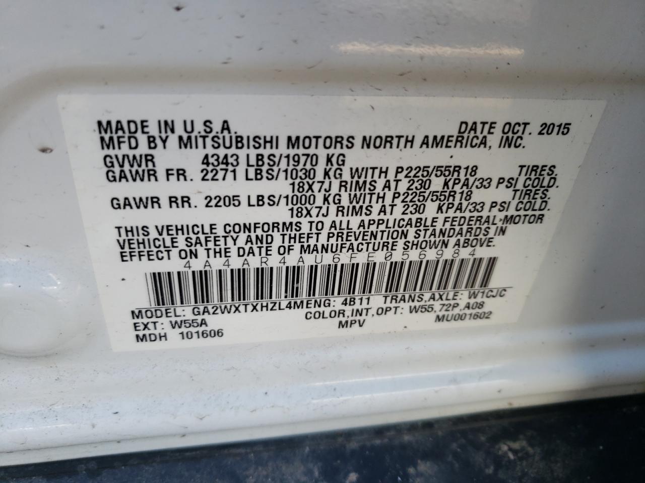 Photo 10 from auction – 2015 MITSUBISHI OUTLANDER with VIN 4A4AR4AU6FE056984
