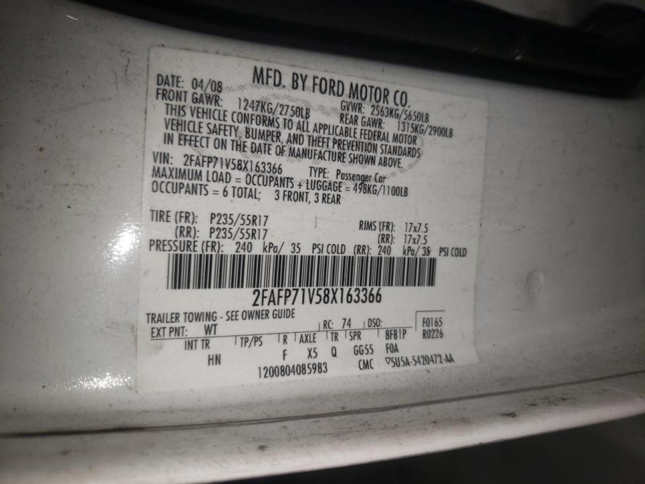 Photo 10 from auction – 2008 FORD CROWN VICT with VIN 2FAFP71V58X163366