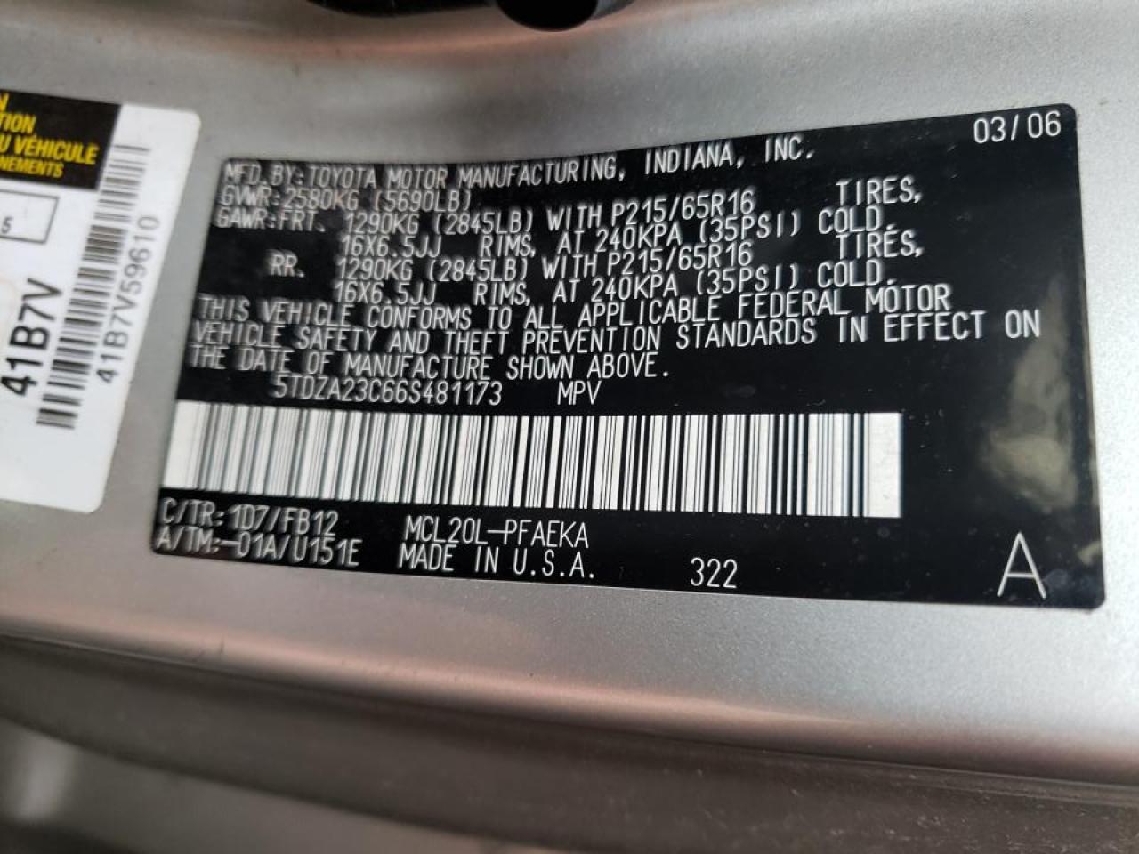 Photo 10 from auction – 2006 TOYOTA SIENNA CE with VIN 5TDZA23C66S481173