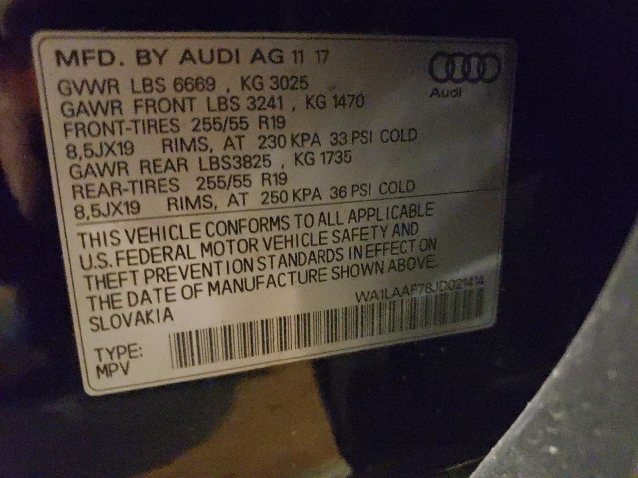 Photo 10 from auction – 2018 AUDI Q7 PREMIUM with VIN WA1LAAF78JD021414