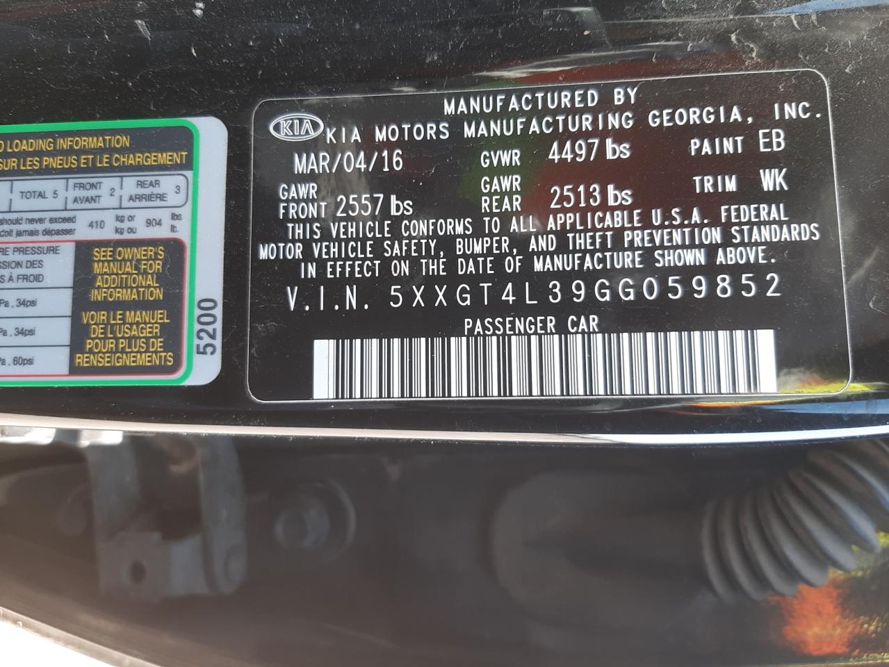 Photo 10 from auction – 2016 KIA OPTIMA LX with VIN 5XXGT4L39GG059852