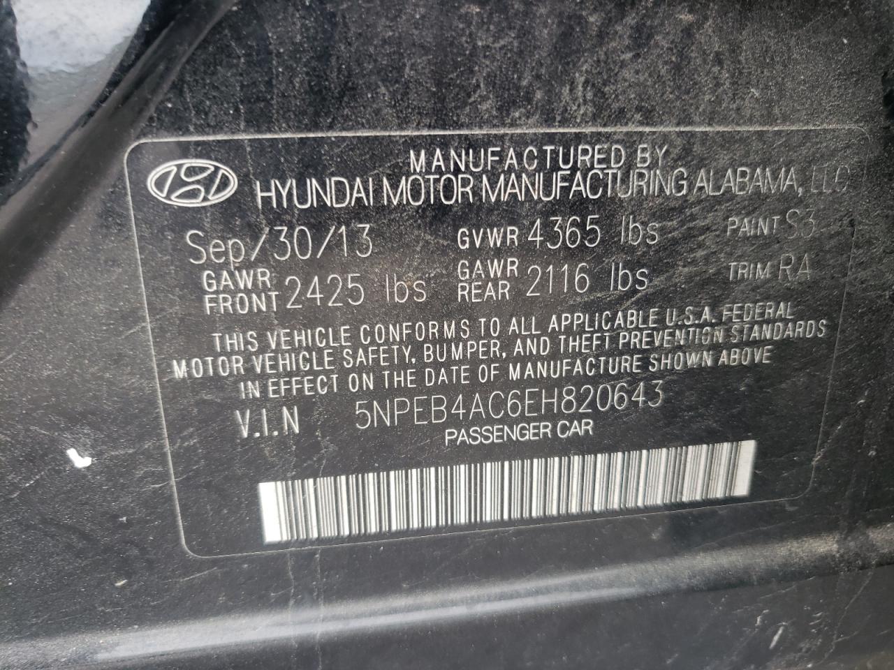 Photo 10 from auction – 2014 HYUNDAI SONATA GLS with VIN 5NPEB4AC6EH820643