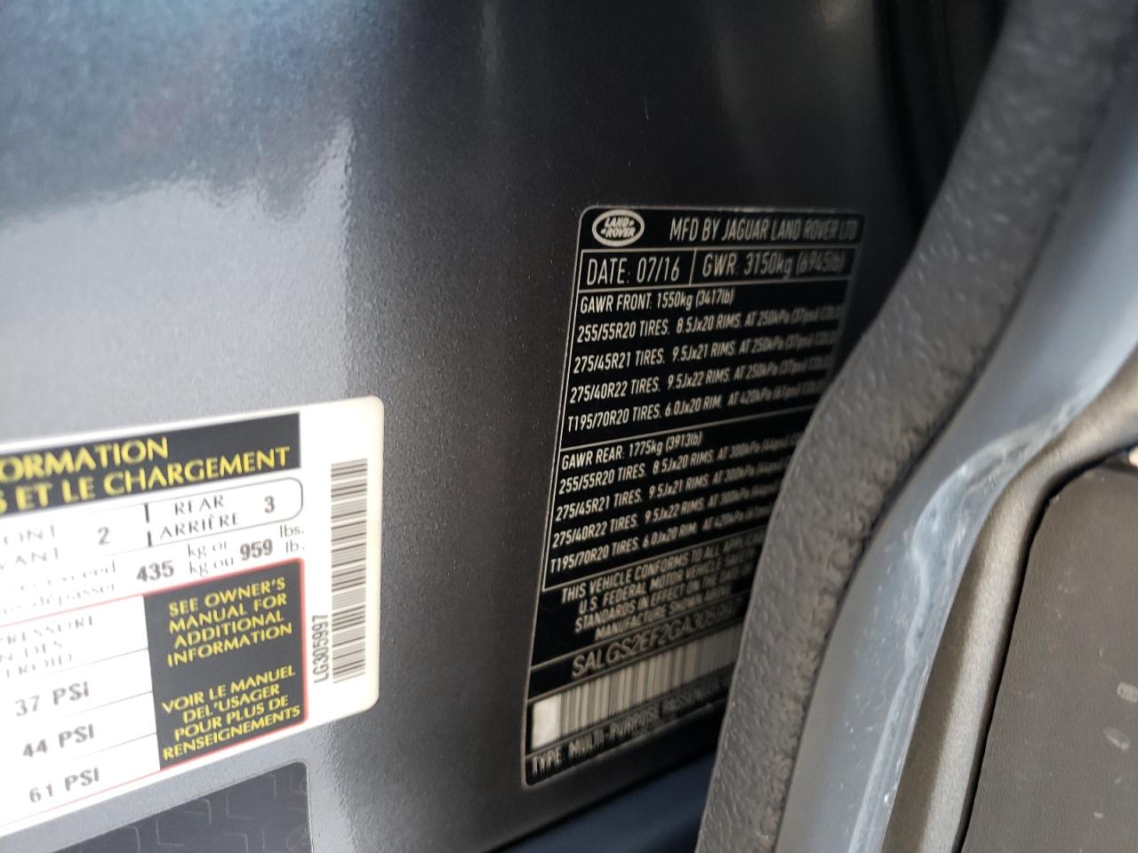 Photo 10 from auction – 2016 LAND ROVER RANGE ROVE with VIN SALGS2EF2GA305997