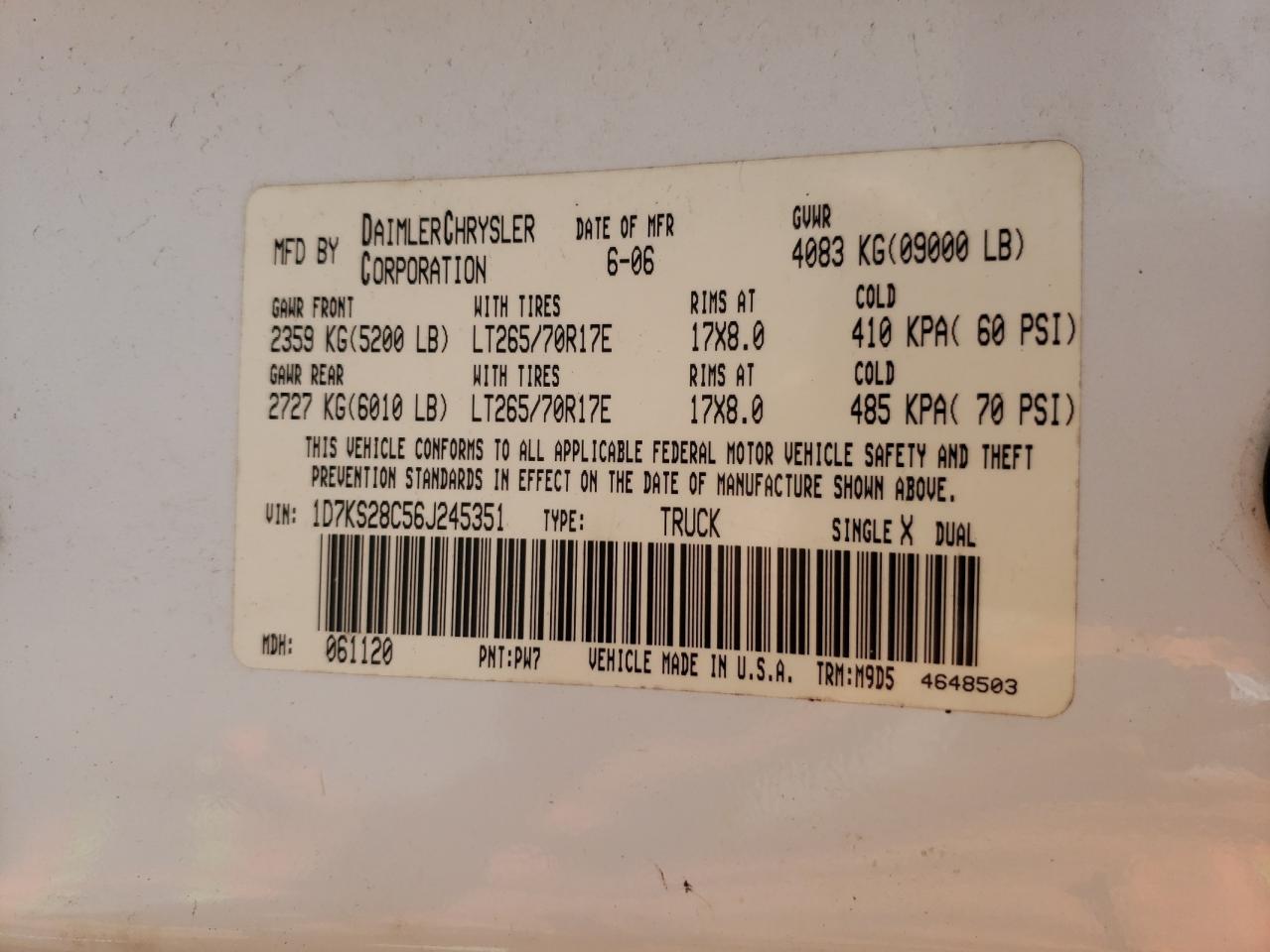 Photo 10 from auction – 2006 DODGE RAM 2500 S with VIN 1D7KS28C56J245351