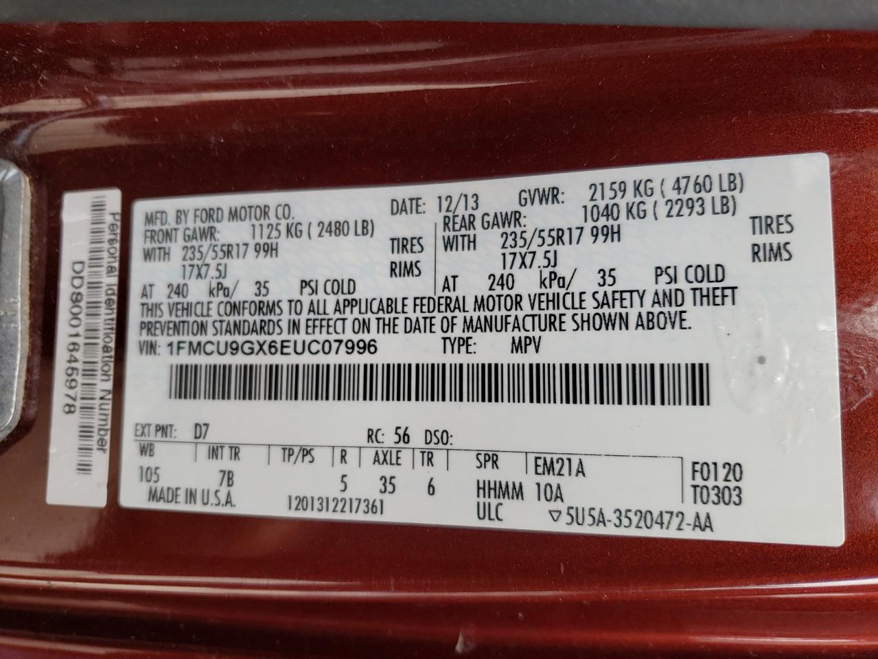 Photo 10 from auction – 2014 FORD ESCAPE SE with VIN 1FMCU9GX6EUC07996