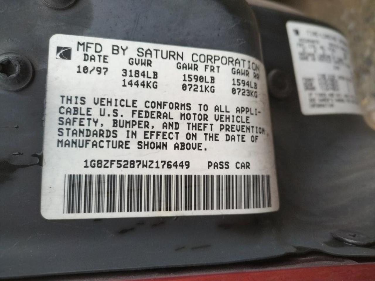 Photo 10 from auction – 1998 SATURN SL with VIN 1G8ZF5287WZ176449