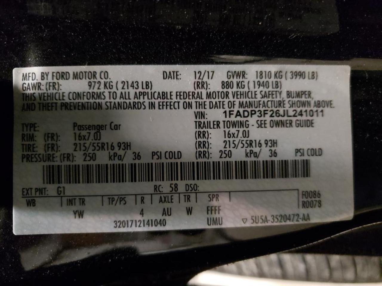 Photo 10 from auction – 2018 FORD FOCUS SE with VIN 1FADP3F26JL241011