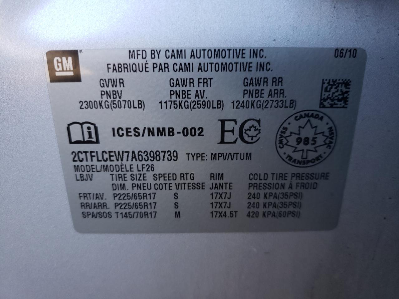 Photo 10 from auction – 2010 GMC TERRAIN SL with VIN 2CTFLCEW7A6398739