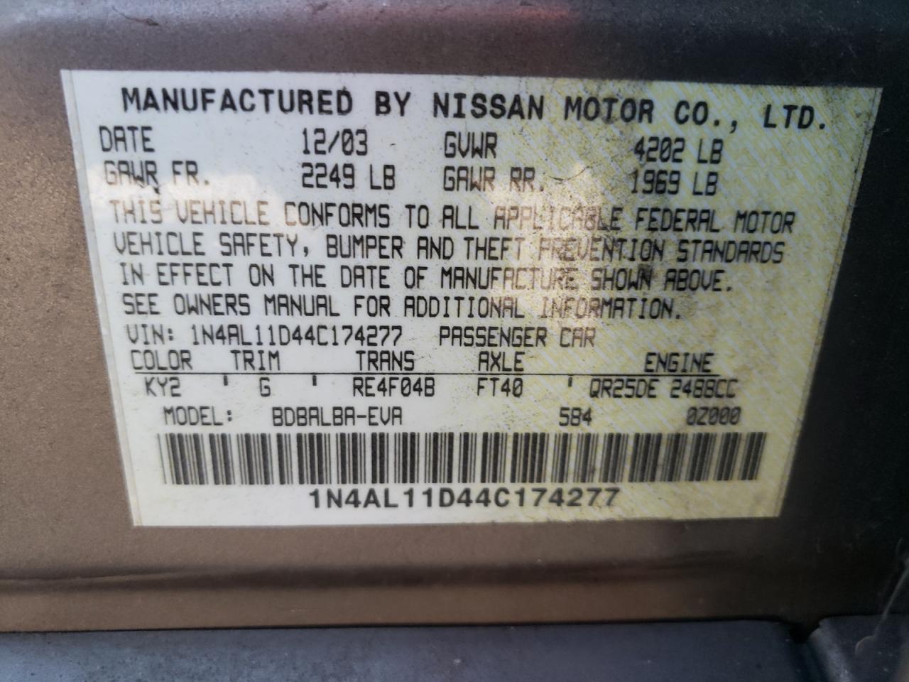 Photo 10 from auction – 2004 NISSAN ALTIMA BAS with VIN 1N4AL11D44C174277