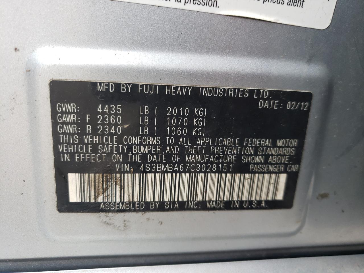 Снимка 10 от търг – 2012 SUBARU LEGACY 2.5 с VIN 4S3BMBA67C3028151