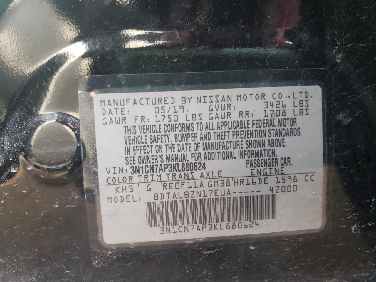 Photo 10 from auction – 2019 NISSAN VERSA S with VIN 3N1CN7AP3KL880624