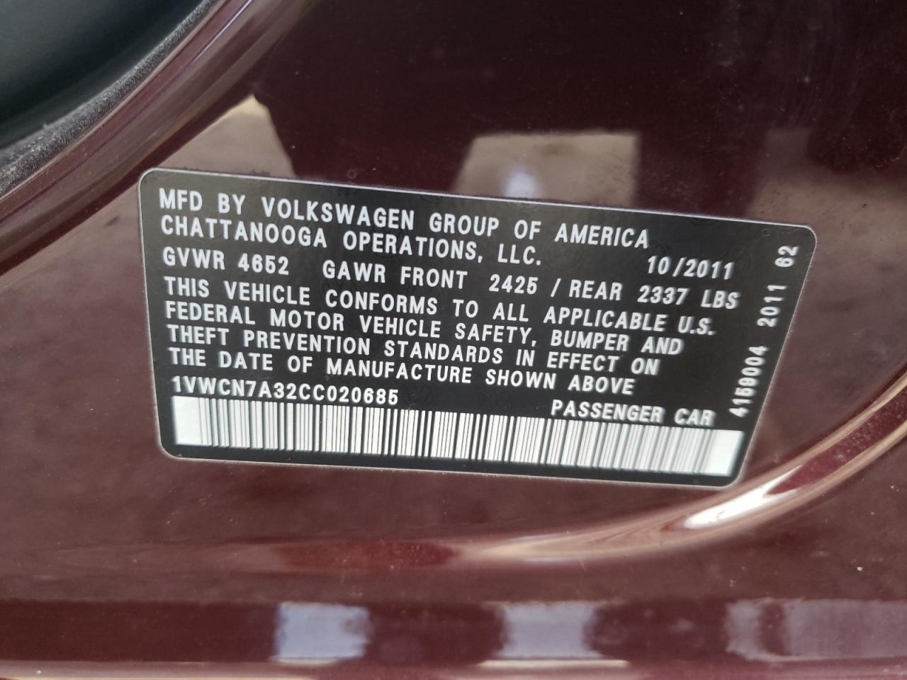Photo 10 from auction – 2012 VOLKSWAGEN PASSAT SEL with VIN 1VWCN7A32CC020685