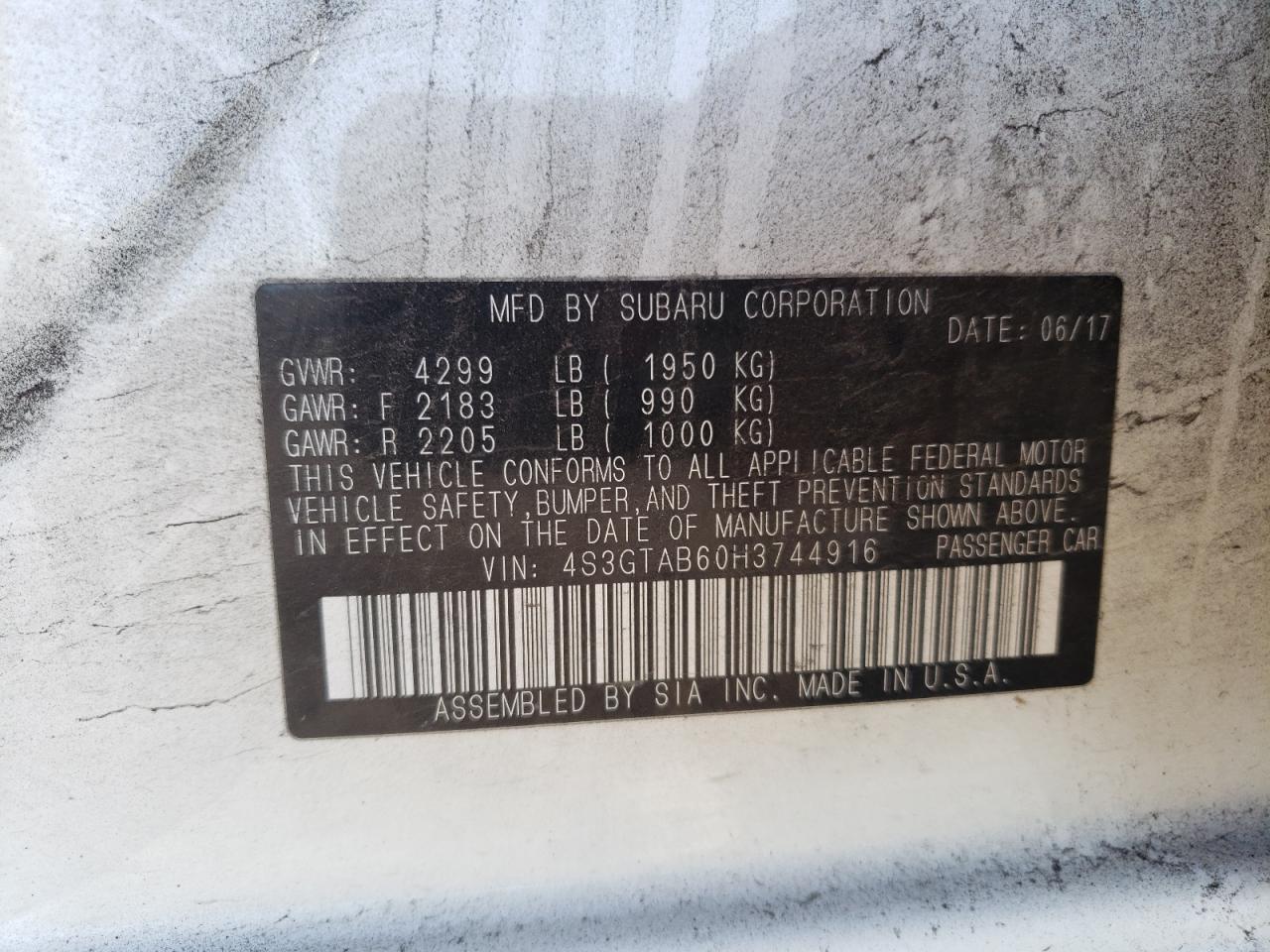 Photo 10 from auction – 2017 SUBARU IMPREZA PR with VIN 4S3GTAB60H3744916