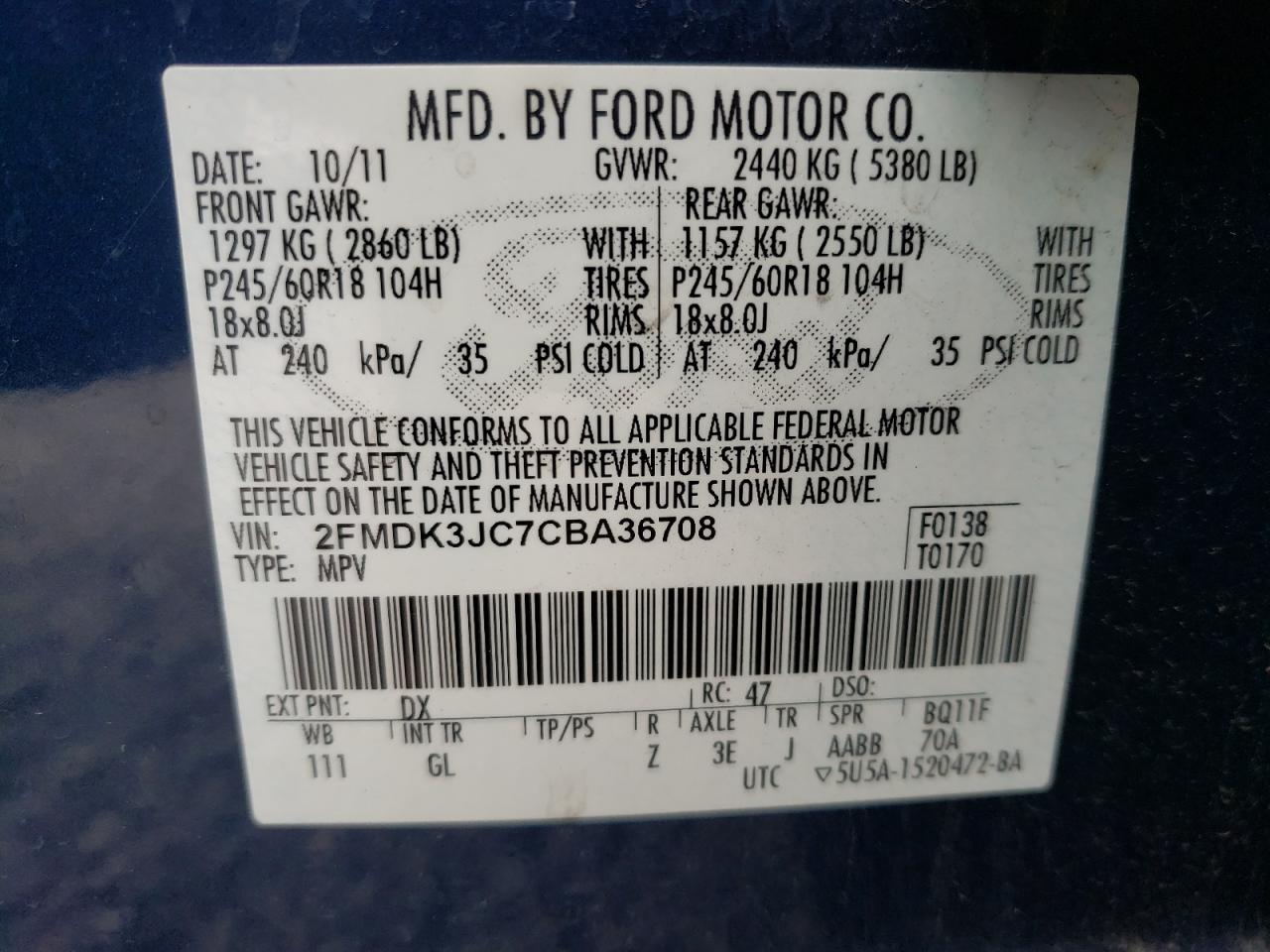 Photo 10 from auction – 2012 FORD EDGE SEL with VIN 2FMDK3JC7CBA36708