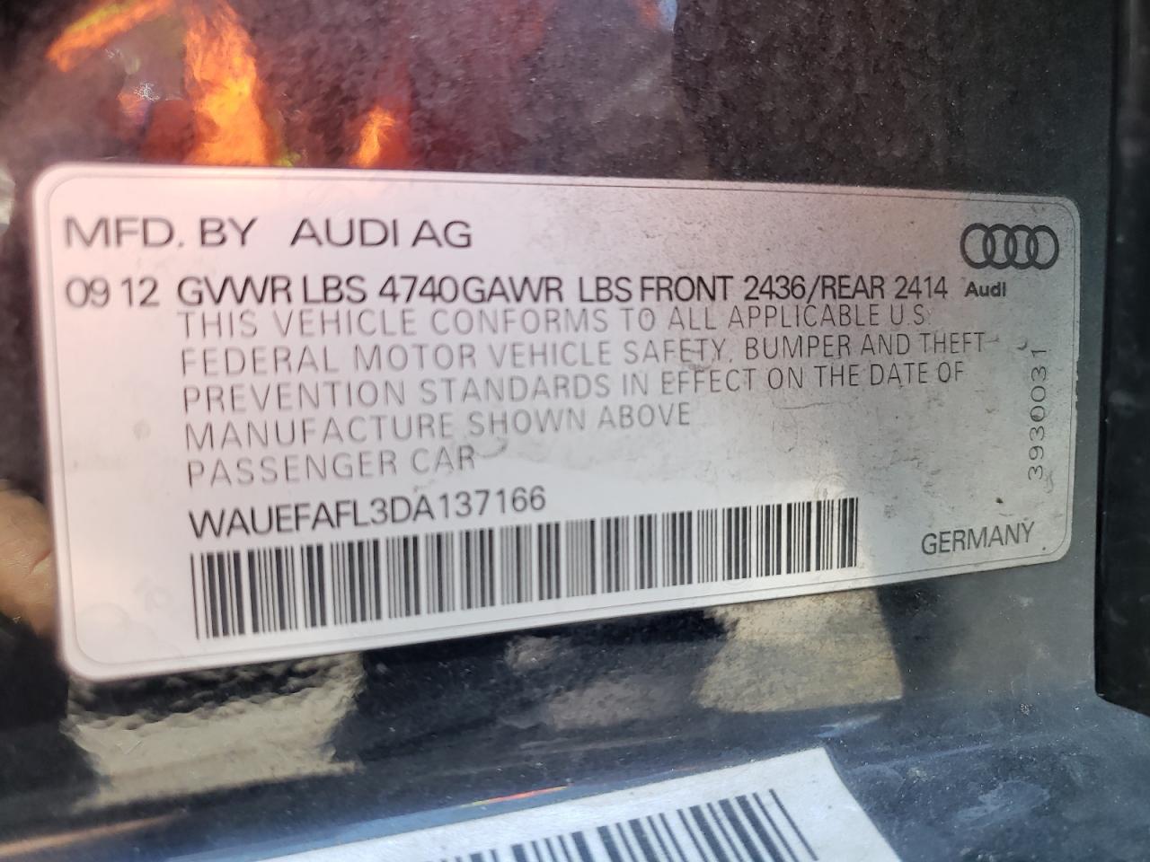 Photo 10 from auction – 2013 AUDI A4 PREMIUM with VIN WAUEFAFL3DA137166