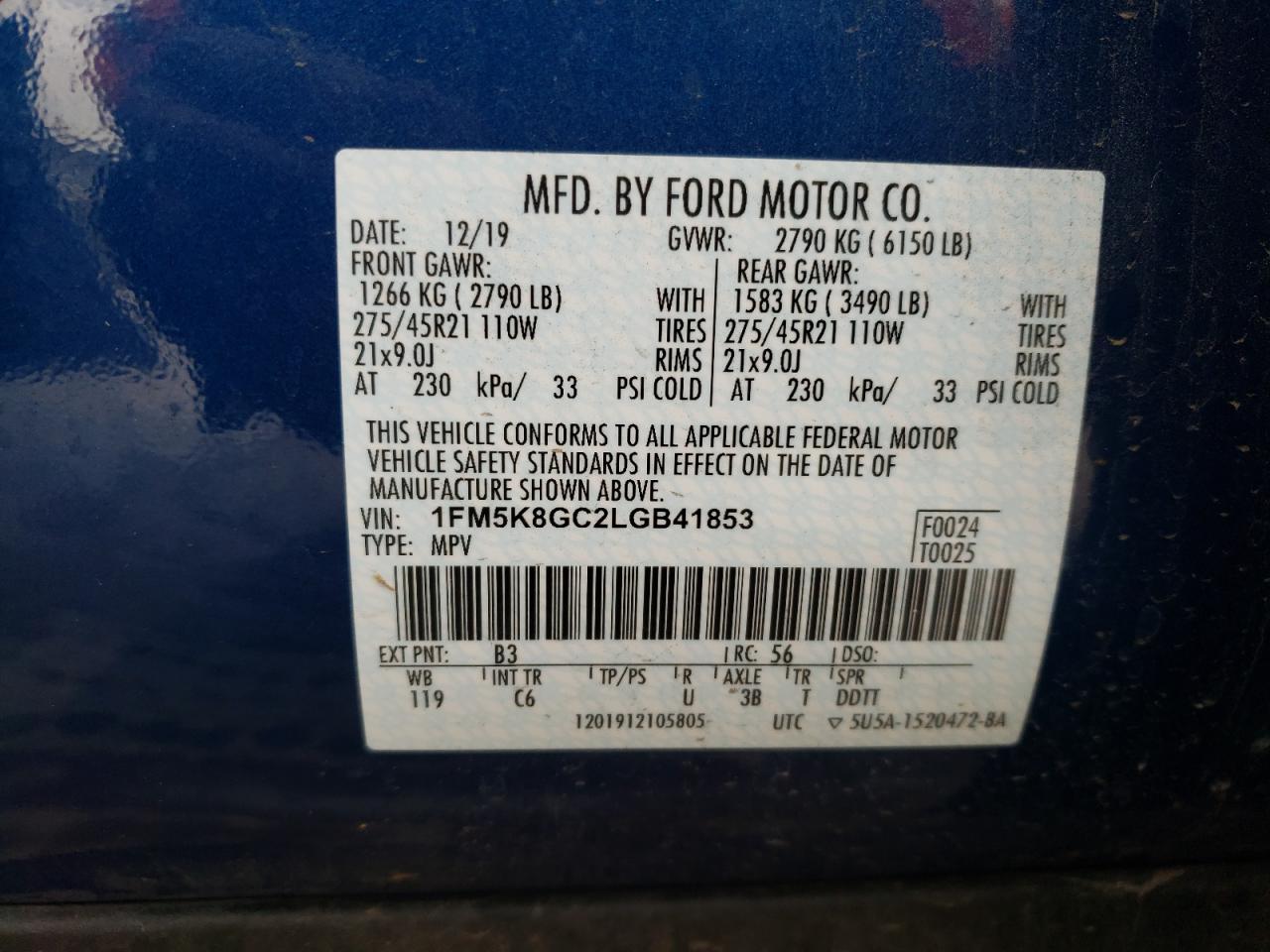Photo 10 from auction – 2020 FORD EXPLORER S with VIN 1FM5K8GC2LGB41853
