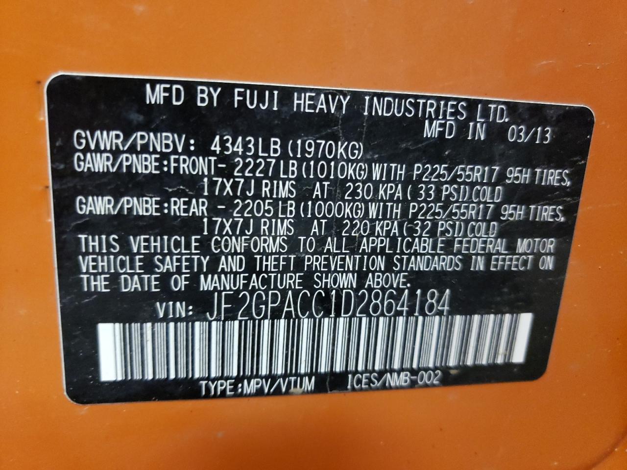 Photo 10 from auction – 2013 SUBARU XV CROSSTR with VIN JF2GPACC1D2864184