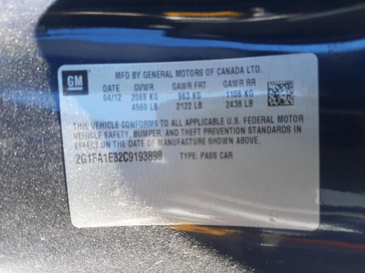 Photo 10 from auction – 2012 CHEVROLET CAMARO LS with VIN 2G1FA1E32C9193898