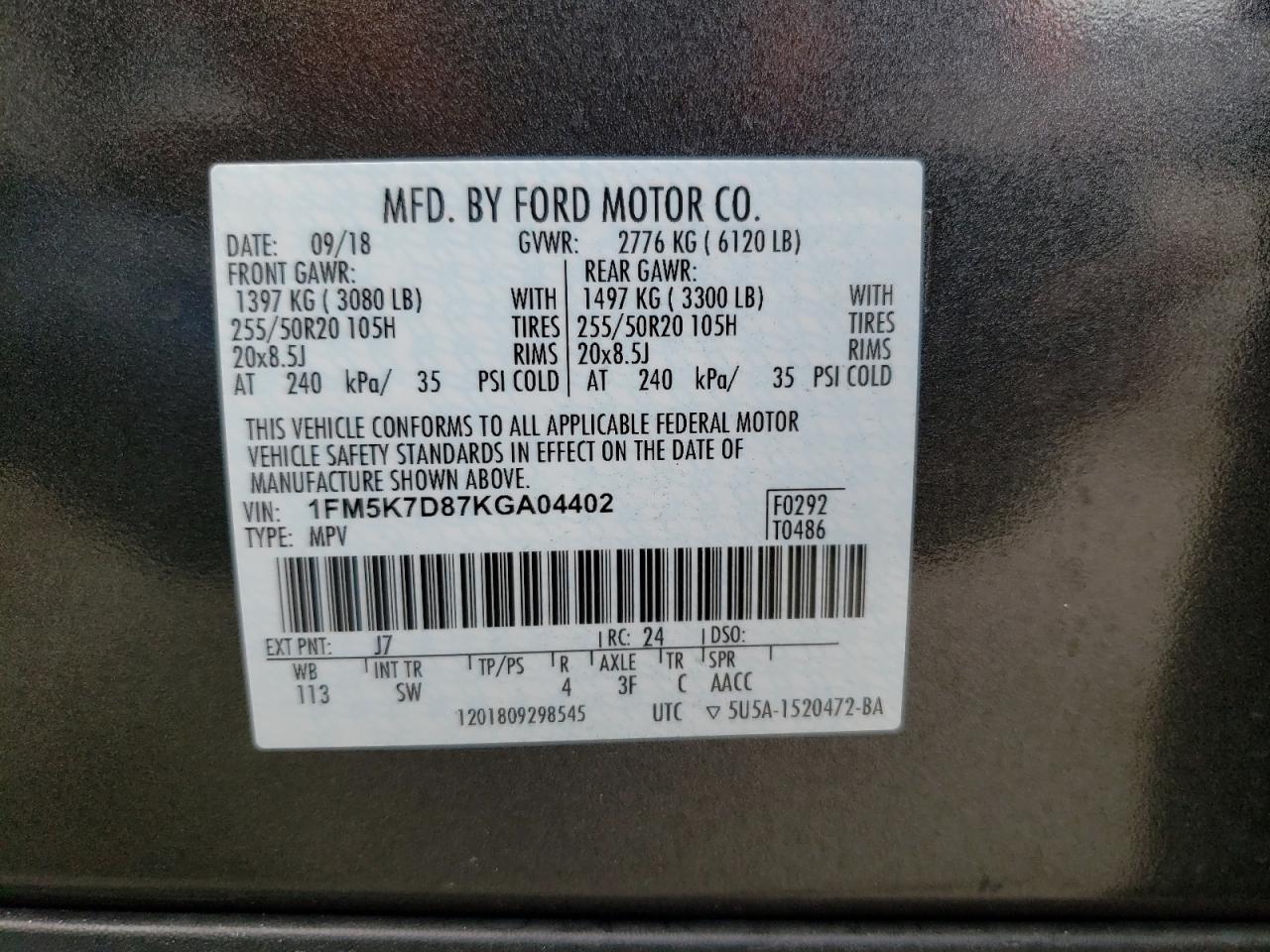 Photo 10 from auction – 2019 FORD EXPLORER X with VIN 1FM5K7D87KGA04402
