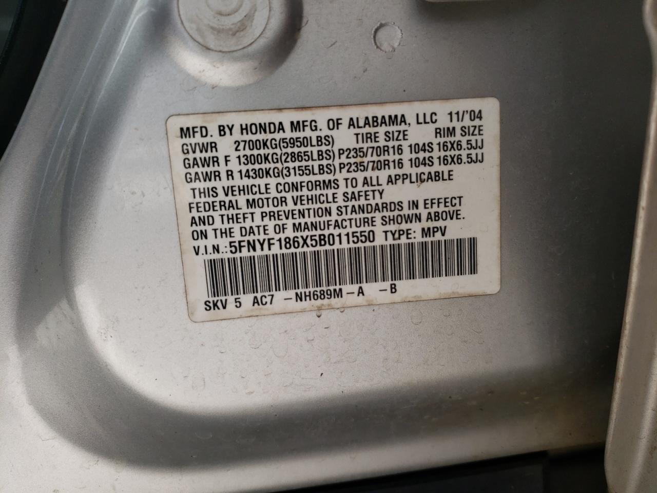 Photo 10 from auction – 2005 HONDA PILOT EXL with VIN 5FNYF186X5B011550