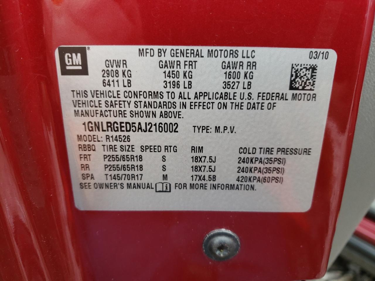 Photo 10 from auction – 2010 CHEVROLET TRAVERSE L with VIN 1GNLRGED5AJ216002