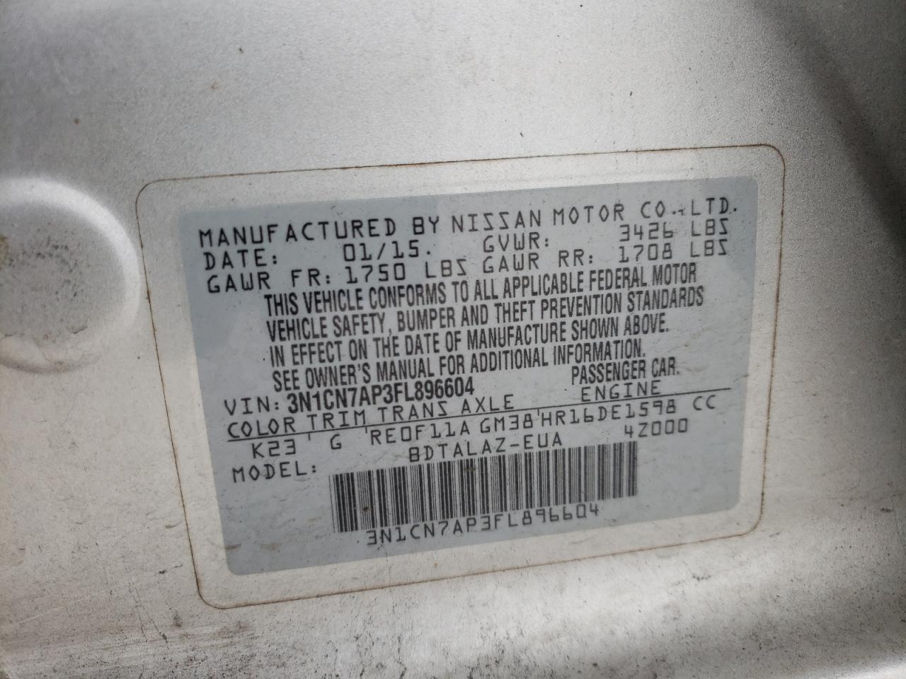 Photo 10 from auction – 2015 NISSAN VERSA S with VIN 3N1CN7AP3FL896604