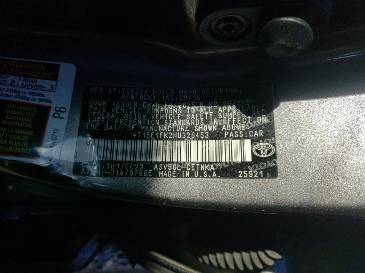 Photo 10 from auction – 2017 TOYOTA CAMRY LE with VIN 4T1BF1FK2HU326453