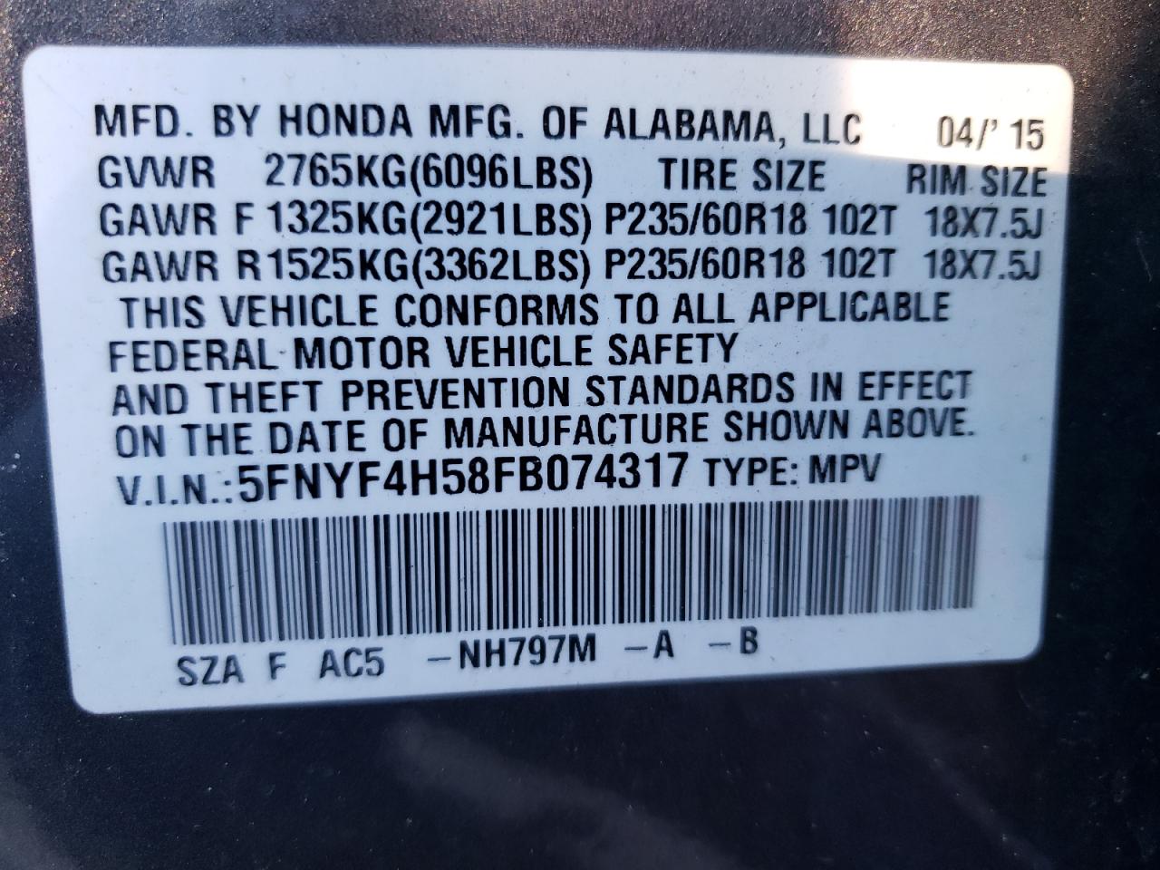 Zdjęcie 10 z aukcji – 2015 HONDA PILOT EXL z VIN 5FNYF4H58FB074317