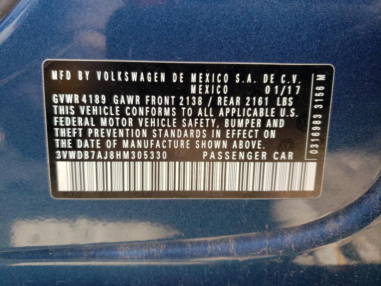 Photo 10 from auction – 2017 VOLKSWAGEN JETTA SE with VIN 3VWDB7AJ8HM305330