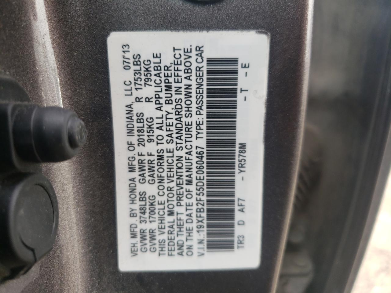 Photo 10 from auction – 2013 HONDA CIVIC LX with VIN 19XFB2F55DE060467