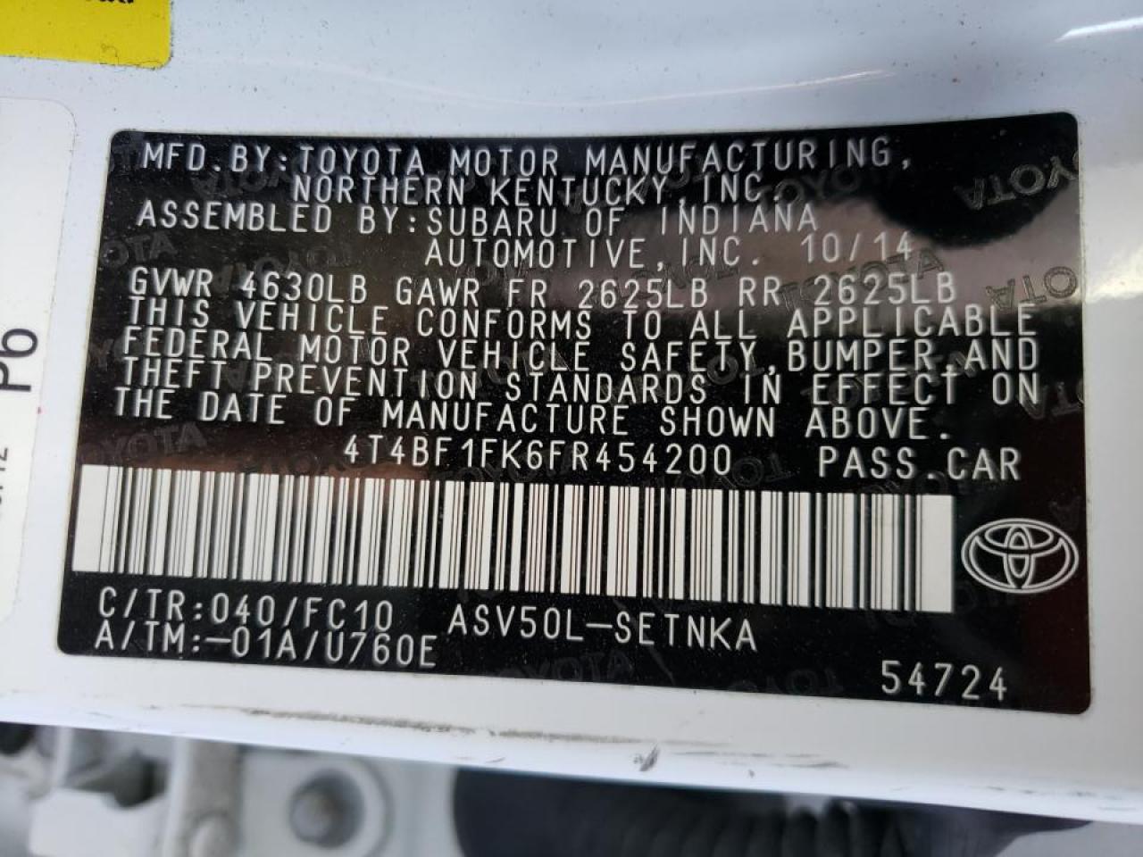 Photo 10 from auction – 2015 TOYOTA CAMRY LE with VIN 4T4BF1FK6FR454200