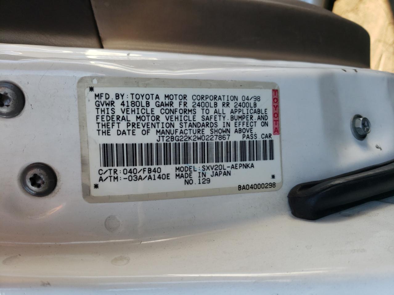 Photo 10 from auction – 1998 TOYOTA CAMRY CE with VIN JT2BG22K2W0227867