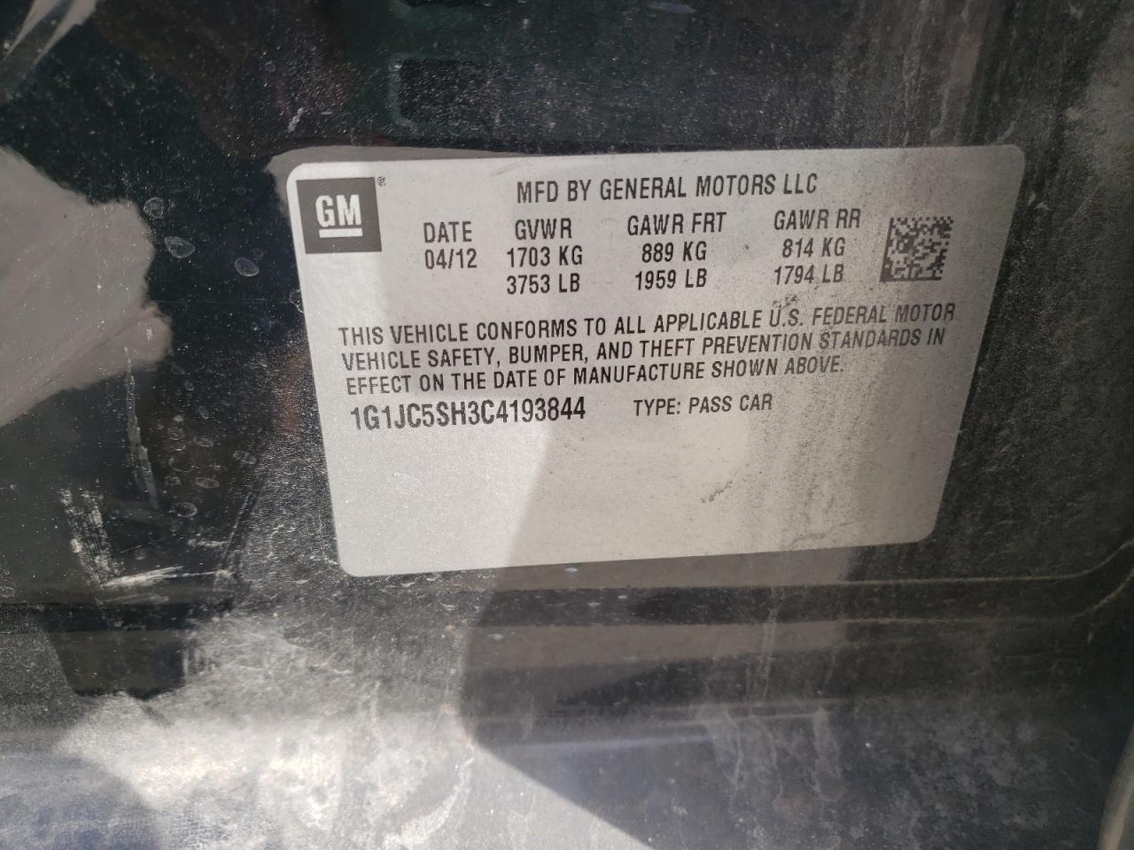 Photo 10 from auction – 2012 CHEVROLET SONIC with VIN 1G1JC5SH3C4193844