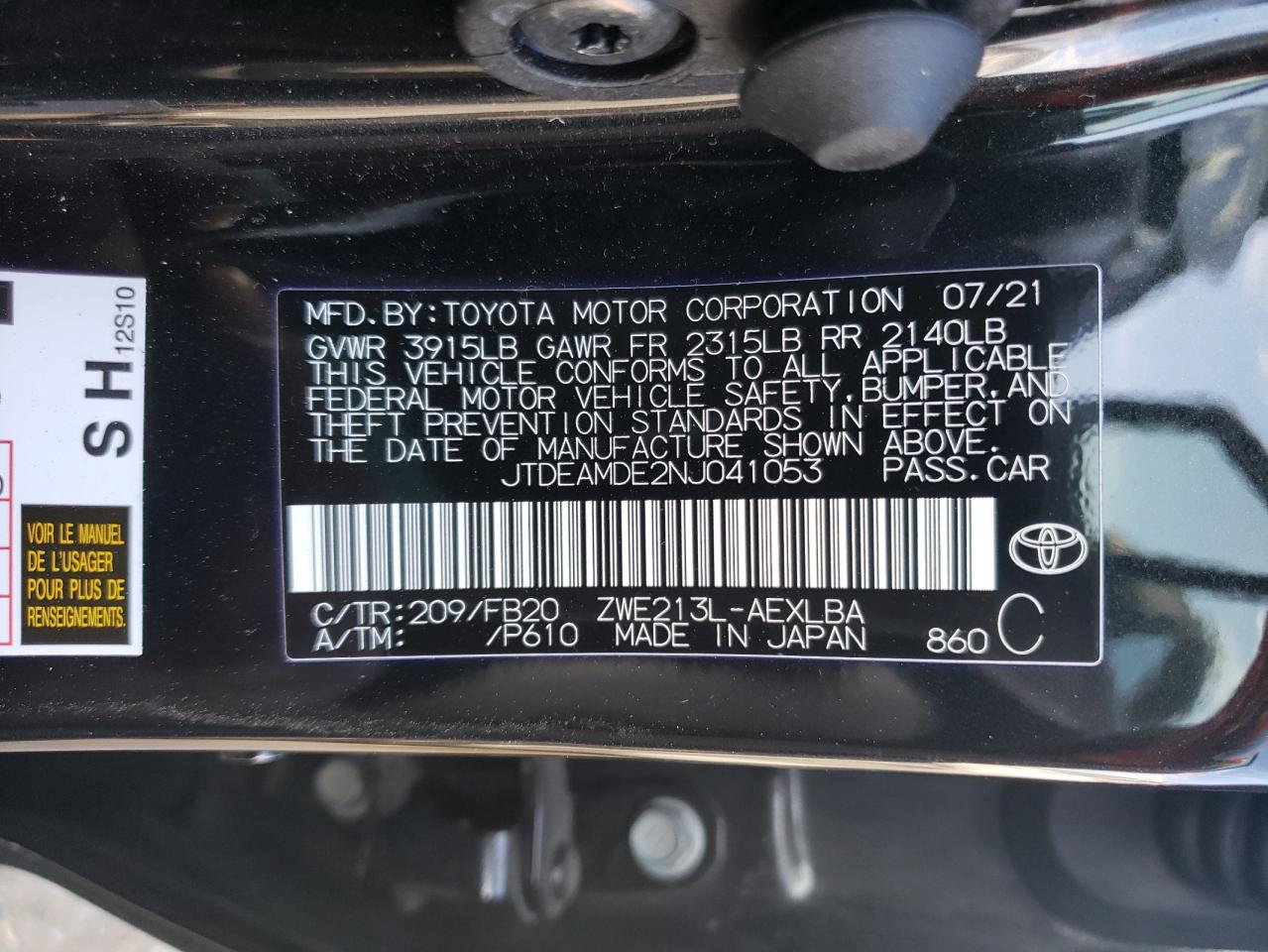 Photo 10 from auction – 2022 TOYOTA COROLLA LE with VIN JTDEAMDE2NJ041053