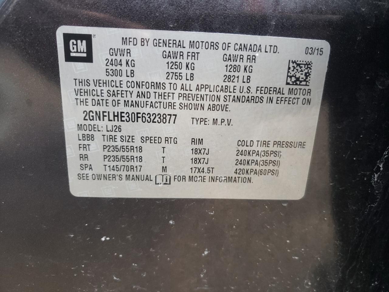 Photo 10 from auction – 2015 CHEVROLET EQUINOX LT with VIN 2GNFLHE30F6323877