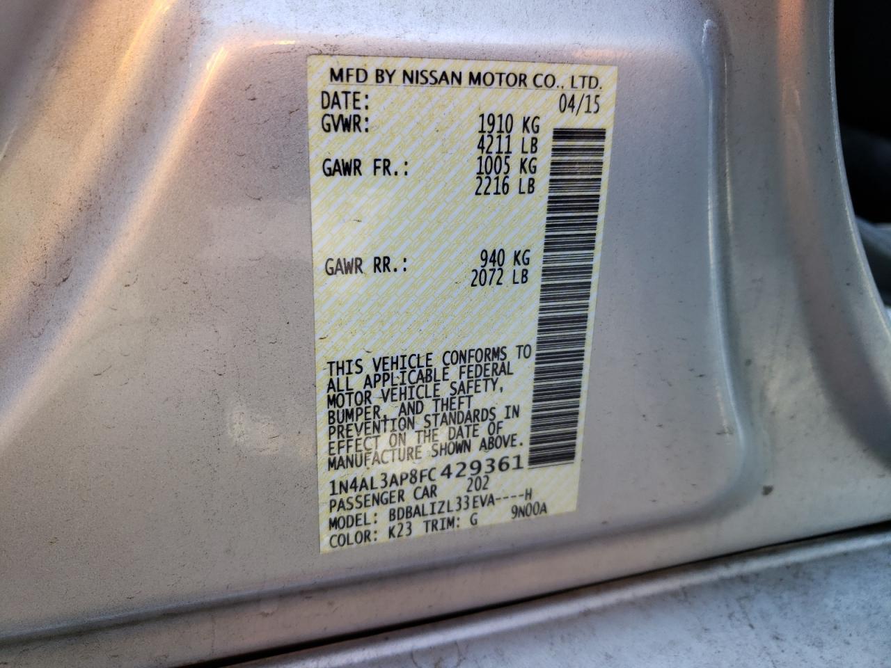 Photo 10 from auction – 2015 NISSAN ALTIMA 2.5 with VIN 1N4AL3AP8FC429361