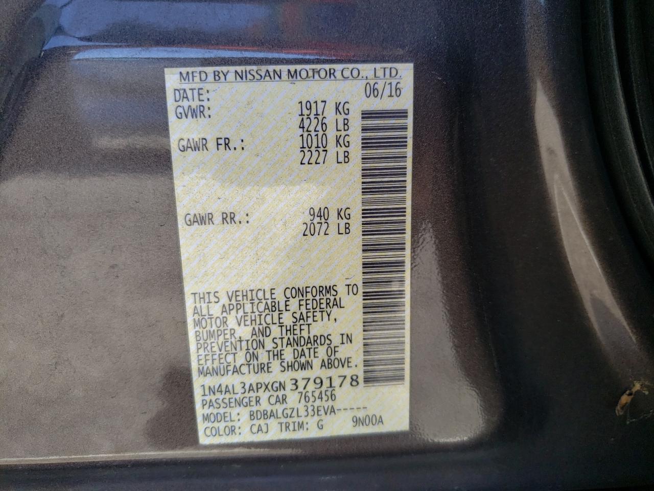 Photo 10 from auction – 2016 NISSAN ALTIMA 2.5 with VIN 1N4AL3APXGN379178