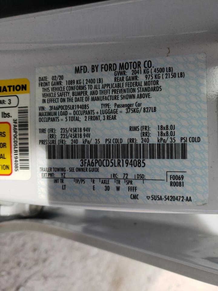 Photo 10 from auction – 2020 FORD FUSION SEL with VIN 3FA6P0CD5LR194085