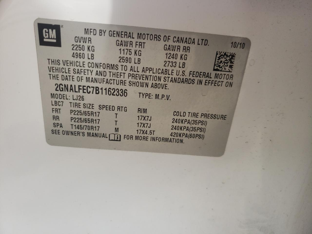 Photo 10 from auction – 2011 CHEVROLET EQUINOX LT with VIN 2GNALFEC7B1162336