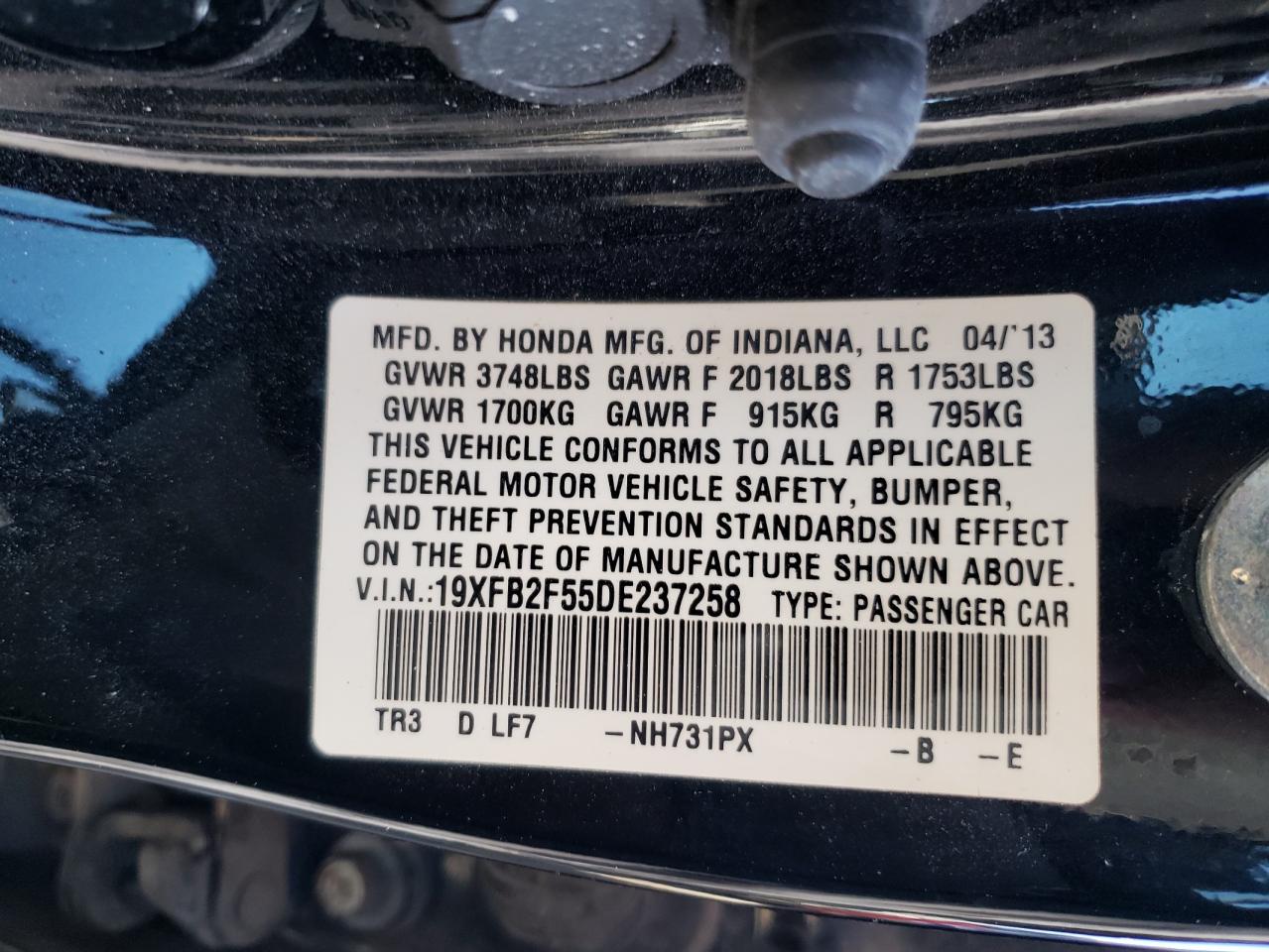 Photo 10 from auction – 2013 HONDA CIVIC LX with VIN 19XFB2F55DE237258