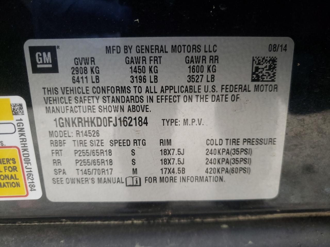 Photo 10 from auction – 2015 CHEVROLET TRAVERSE L with VIN 1GNKRHKD0FJ162184