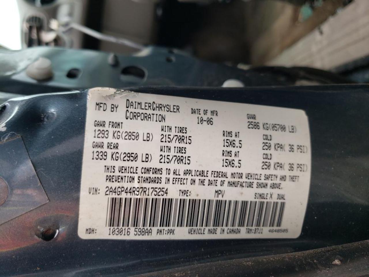 Photo 10 from auction – 2007 CHRYSLER TOWN & COU with VIN 2A4GP44R97R175254