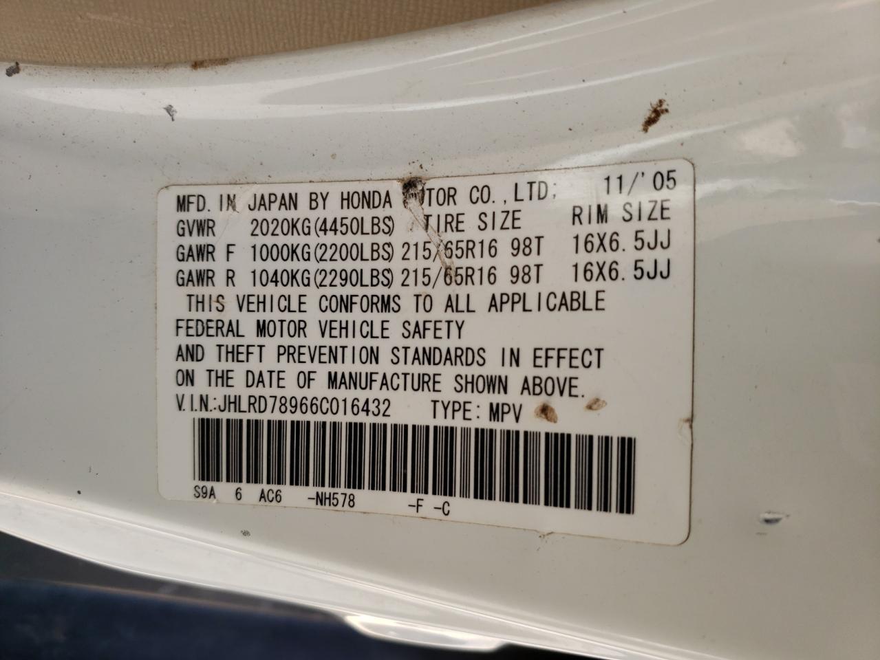 Photo 10 from auction – 2006 HONDA CR-V with VIN JHLRD78966C016432