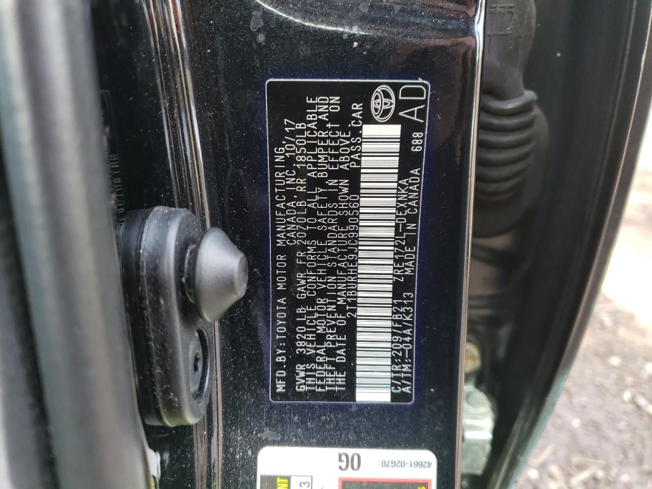 Photo 10 from auction – 2018 TOYOTA COROLLA L with VIN 2T1BURHE9JC990560