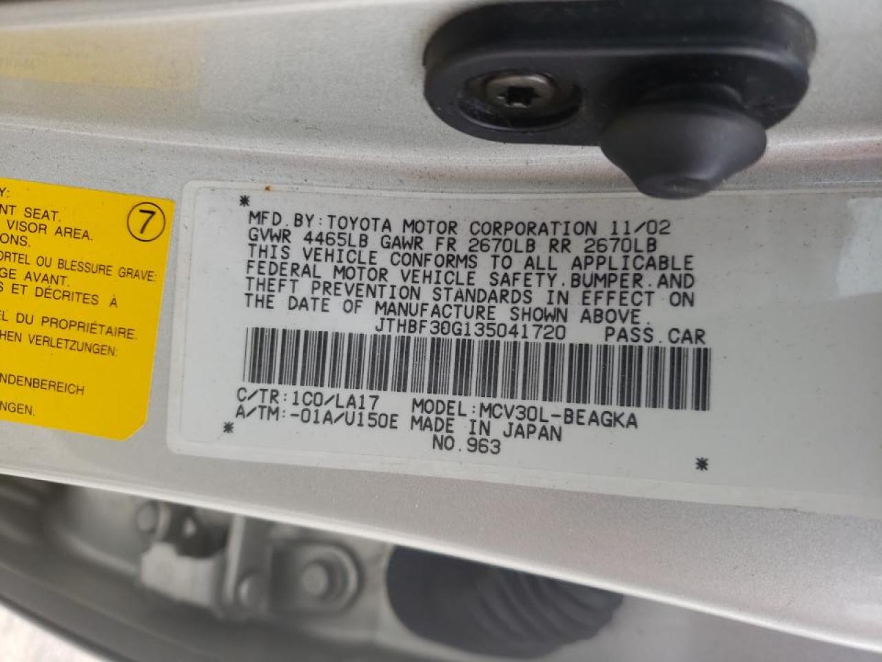 Photo 10 from auction – 2003 LEXUS ES 300 with VIN JTHBF30G135041720