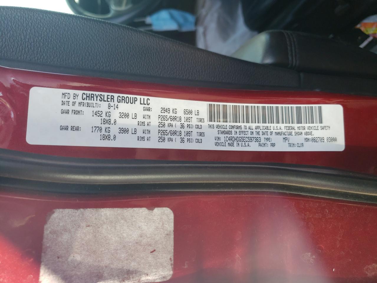 Photo 10 from auction – 2014 DODGE DURANGO LI with VIN 1C4RDHDG5EC597363