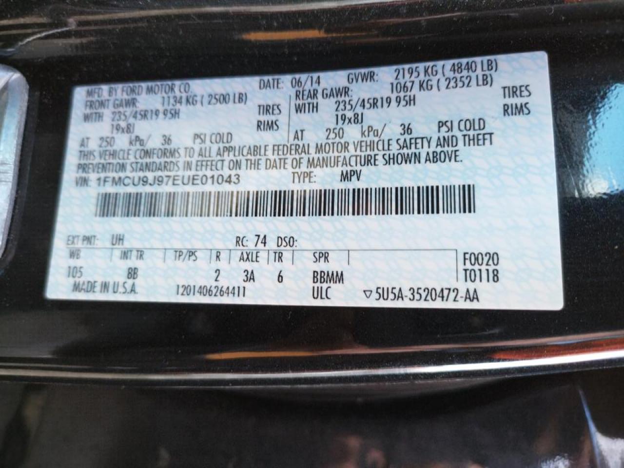 Foto 10 de la subasta – 2014 FORD ESCAPE TIT con VIN 1FMCU9J97EUE01043
