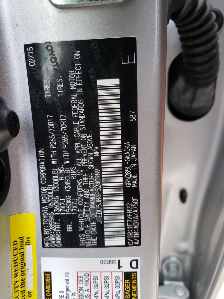 Photo 10 from auction – 2015 TOYOTA 4RUNNER SR with VIN JTEBU5JR6F5240989