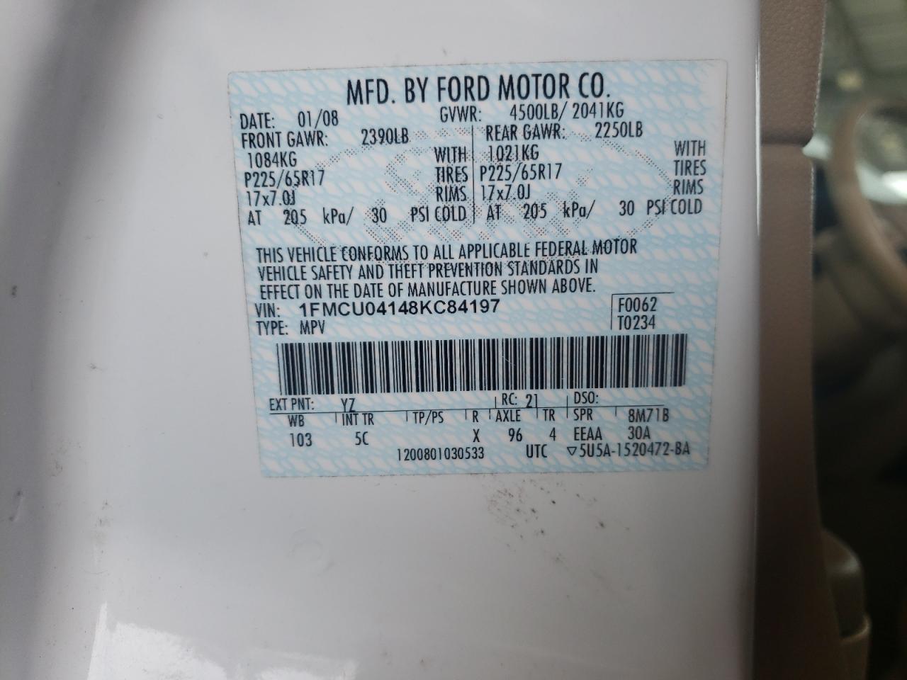 Photo 10 from auction – 2008 FORD ESCAPE LIM with VIN 1FMCU04148KC84197