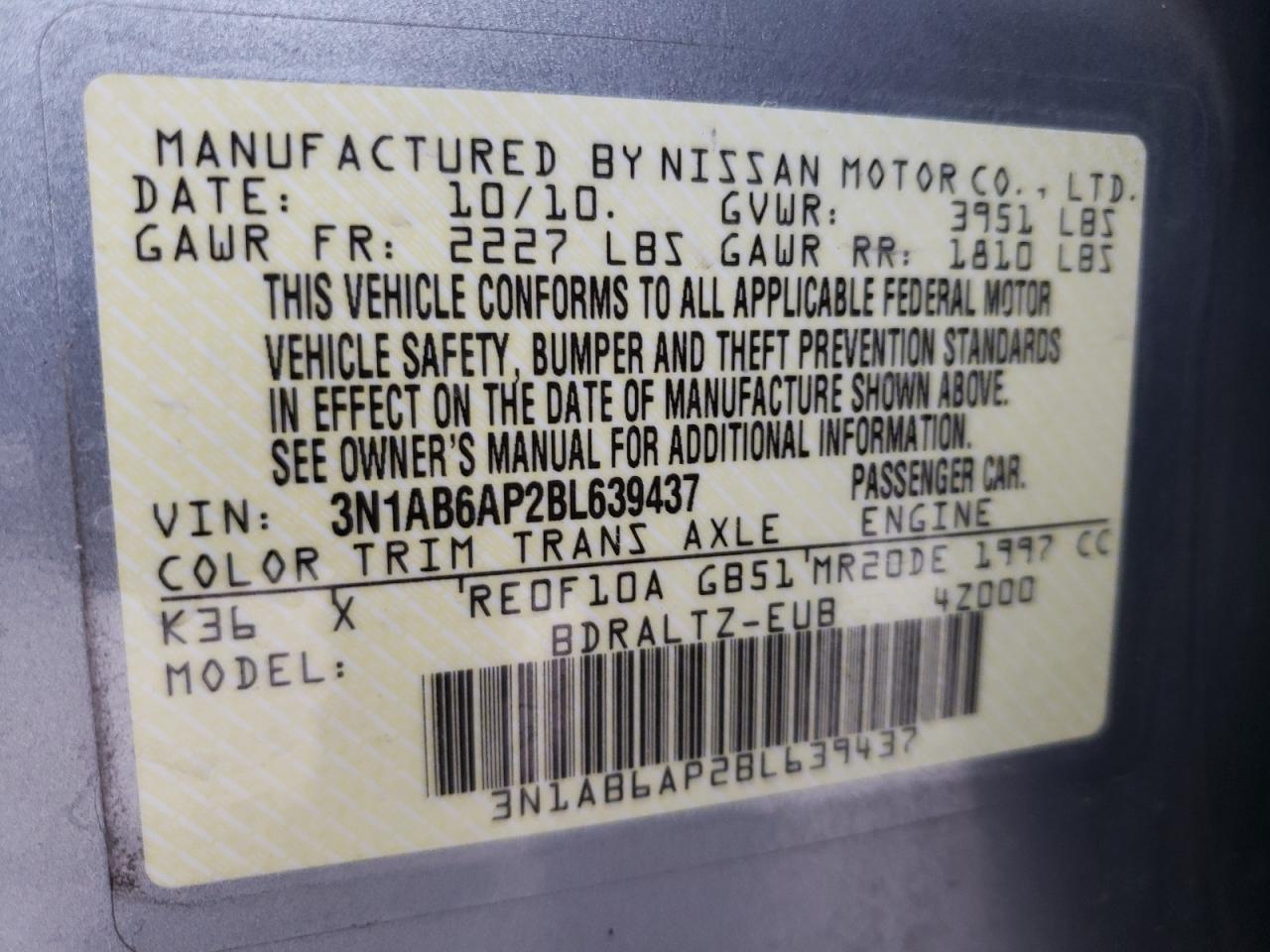 Photo 10 from auction – 2011 NISSAN SENTRA 2.0 with VIN 3N1AB6AP2BL639437